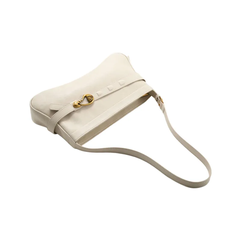 Simedin Cowhide Split Leather Baguette Bag Shoulder Bag Medium Size Women's Milk White/Deep Black-2