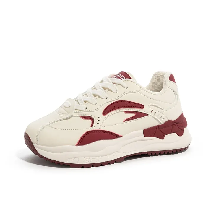 BABAYA KIDS Anti Slip Wear Resistant Low Top Chunky Sneakers Women's White Burgundy-1