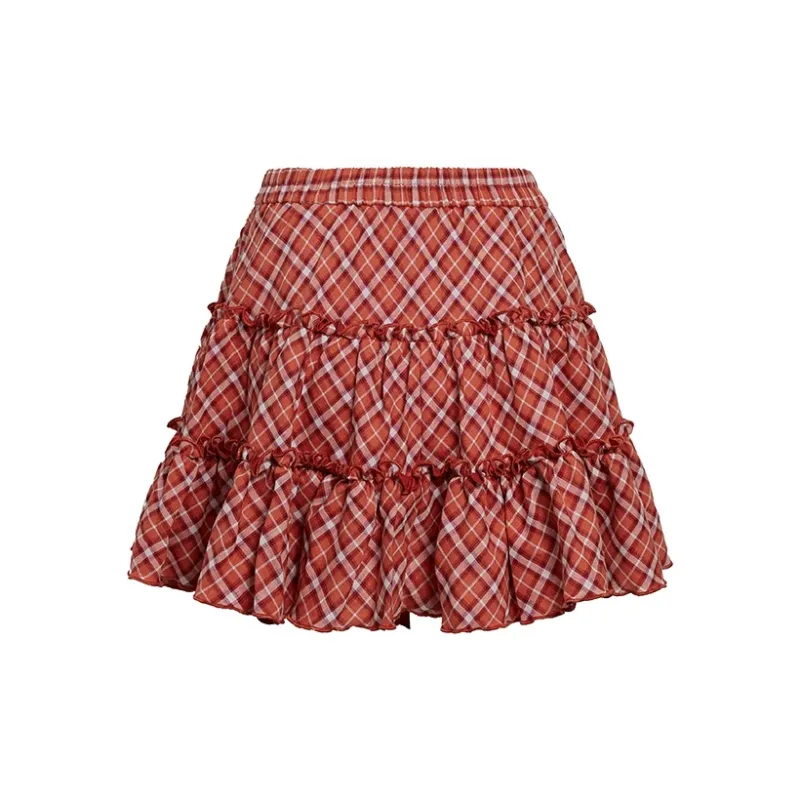 URBAN REVIVO Casual Short Skirts Women's Red Plaid-1
