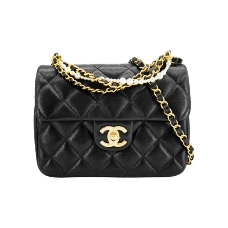 CHANEL Pearlescent Lambskin Flap Bag, Crossbody Bag, Shoulder Bag Mini Women's Black-0