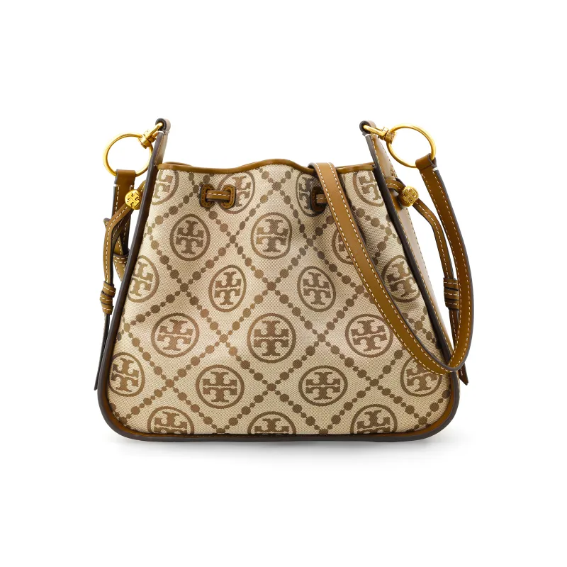 TORY BURCH T Monogram Jacquard With Leather Cloche Bag, Shoulder Bag, Crossbody Bag Medium Size Women's Hazelnuts Brown-0