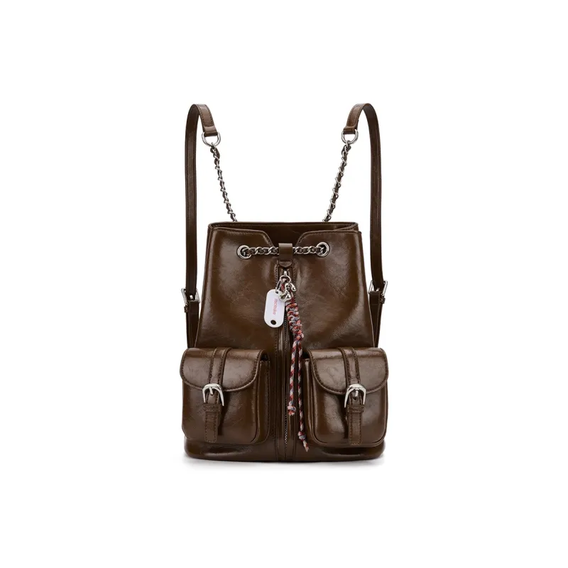 MCMIKO Cow Leather Patchwork With Artificial Leather Commute American Backpack Regular Women's Effortless Brown-0