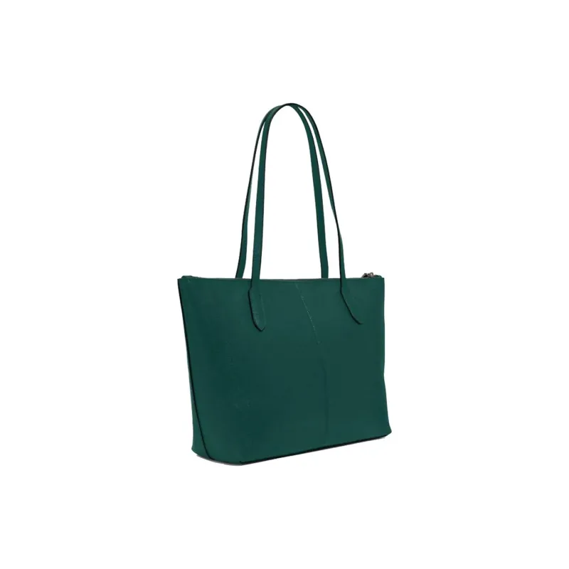 COACH Zip Top Tote Cross-Stitch Leather Handbag Shoulder Bag Large Size Women's Forest Green-1