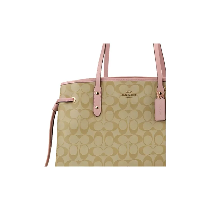 COACH Drawstring Canvas Leather Handbag Shoulder Bag Large Size Women's Light Khaki & Cherry Blossom Pink-2