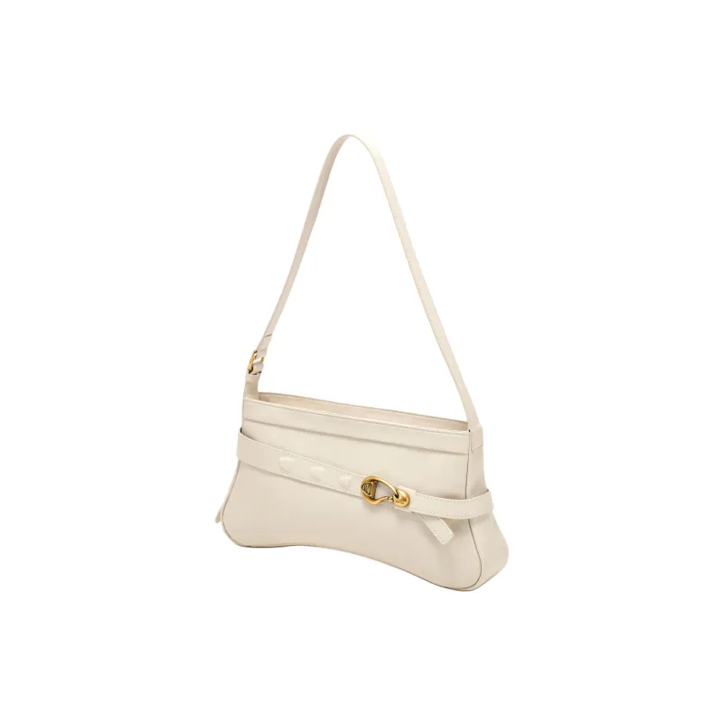 Simedin Cowhide Split Leather Baguette Bag Shoulder Bag Medium Size Women's Milk White/Deep Black-3
