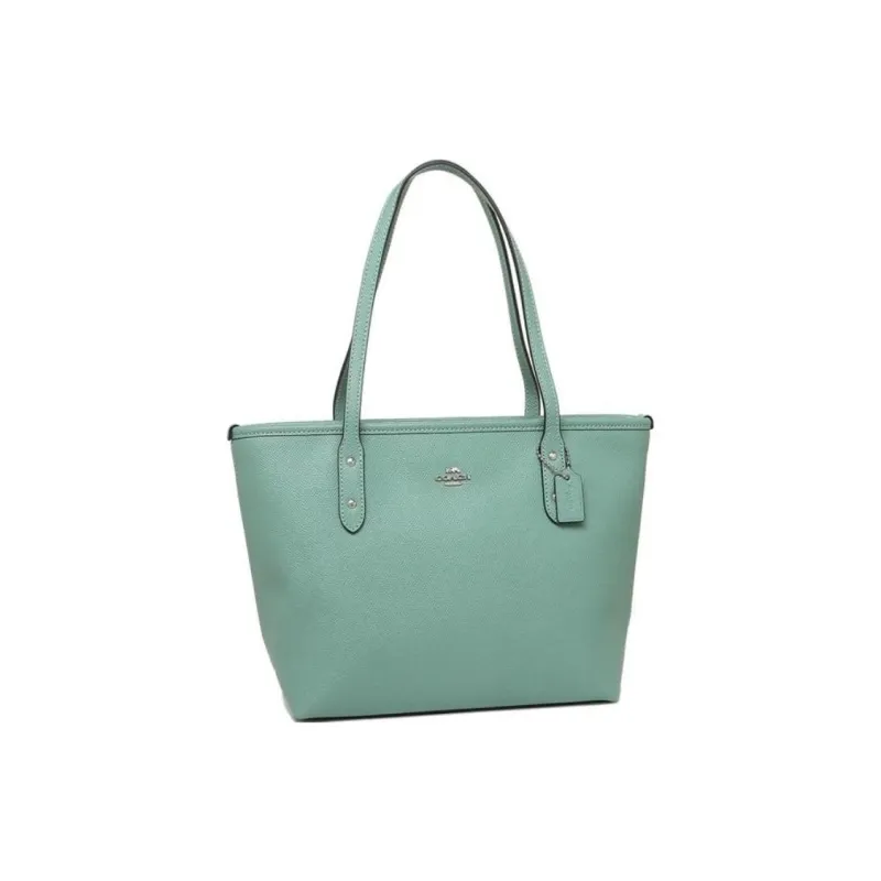 COACH City Zip Tote Solid Color Leather Tote Bag, Shopping Bag, Handbag, Shoulder Bag Mini Women's Silver & Aquamarine-1
