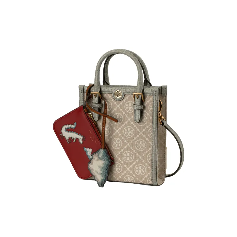 TORY BURCH T Monogram Fabric Cow Leather Patchwork Shoulder Bag Crossbody Bag Handbag Mini Women's Mist Gray-2
