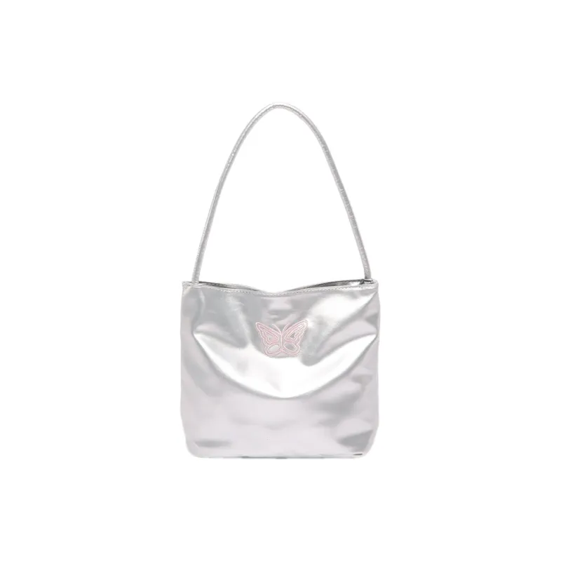 HCXK PU Versatile Shoulder Bag With Butterfly Embroidery Bucket Bag Shoulder Bag Regular Women's Silver-4