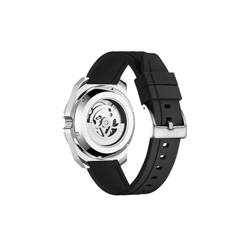 AOUKE Black Tech Collection Mechanical Movement Silicone Strap Watch Unisex Black Dial-4
