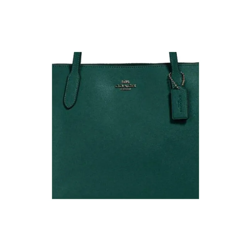 COACH Zip Top Tote Cross-Stitch Leather Handbag Shoulder Bag Large Size Women's Forest Green-3