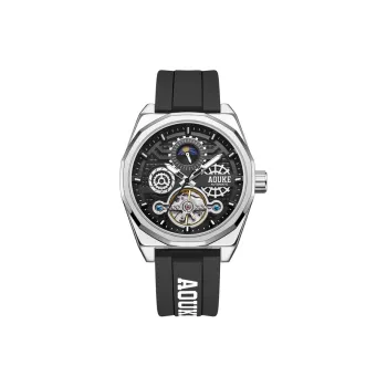 AOUKE Black Tech Collection Mechanical Movement Silicone Strap Watch Unisex Black Dial