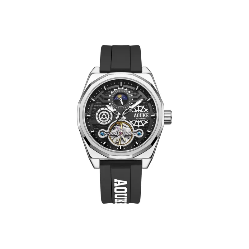AOUKE Black Tech Collection Mechanical Movement Silicone Strap Watch Unisex Black Dial-0