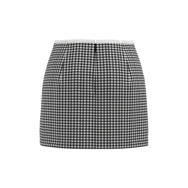 URBAN REVIVO Casual Short Skirts Women's Pitch Black Gray Check-1