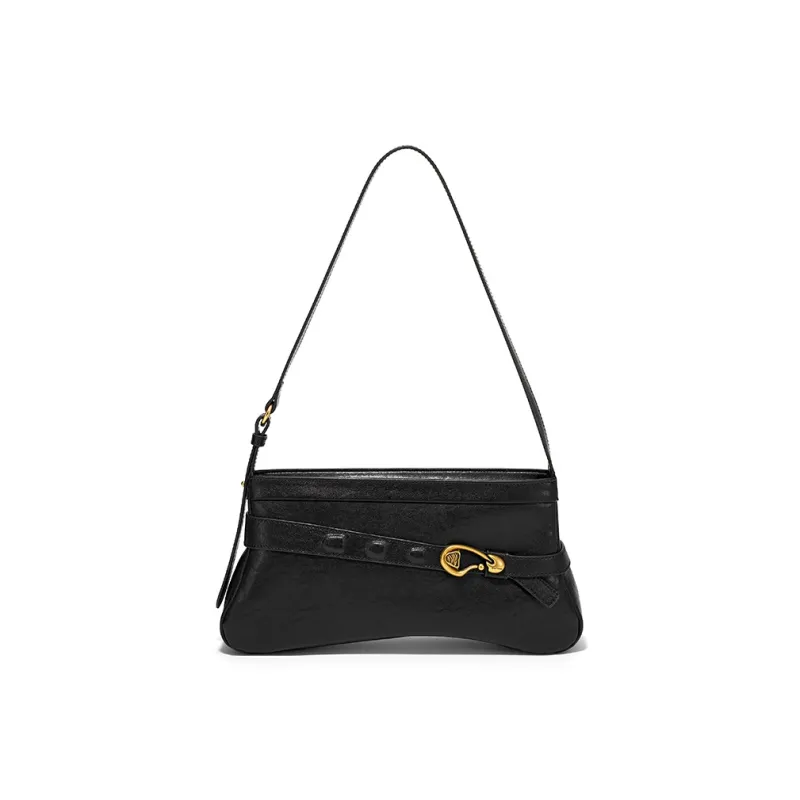 Simedin Cowhide Split Leather Baguette Bag Shoulder Bag Medium Size Women's Milk White/Deep Black-0