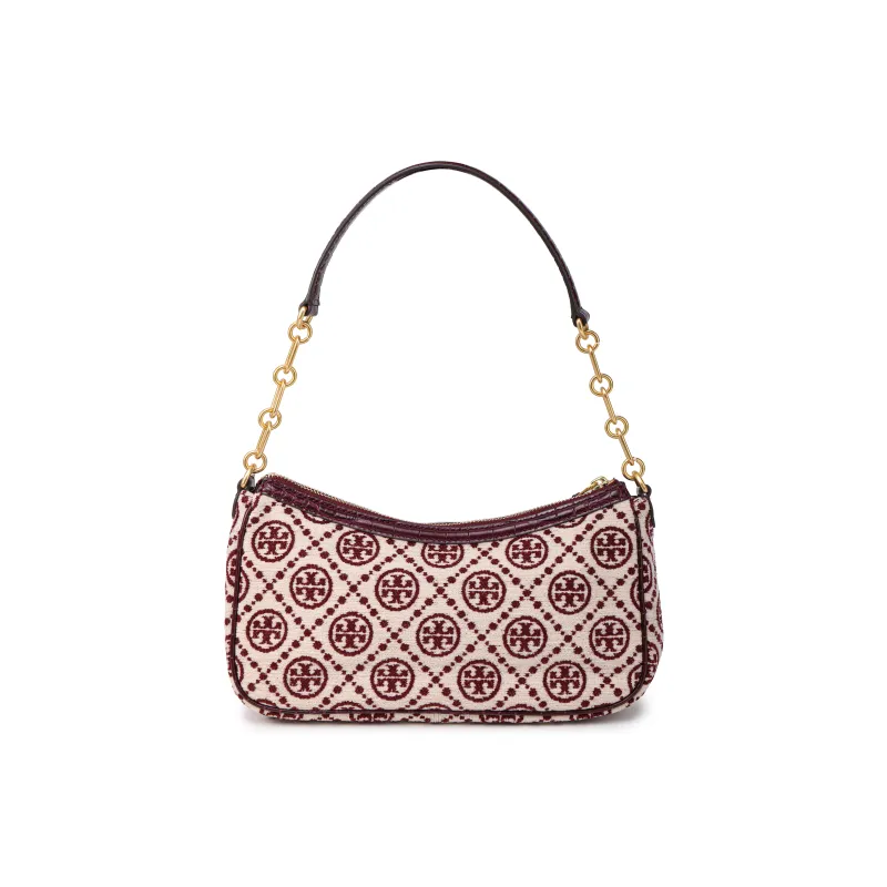 TORY BURCH T Monogram Chenille Studio Shoulder Bag Claret/New Cream-2