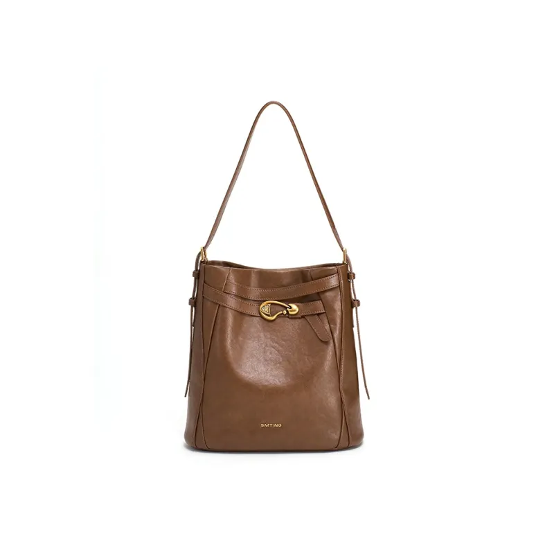 Simedin Cowhide Split Leather Bucket Bag, Shoulder Bag, Crossbody Bag Large Size Women's Coffee/Milk White-0