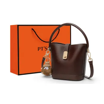 PT'SON Cow Leather Bucket Bag, Handbag, Shoulder Bag, Crossbody Bag Regular Women's Wine Coffee