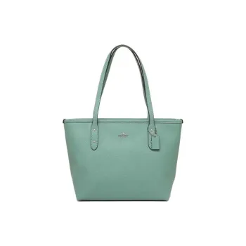 COACH City Zip Tote Solid Color Leather Tote Bag, Shopping Bag, Handbag, Shoulder Bag Mini Women's Silver & Aquamarine