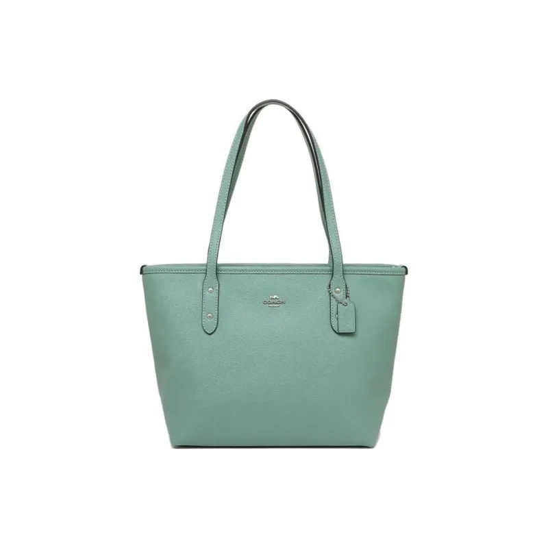 COACH City Zip Tote Solid Color Leather Tote Bag, Shopping Bag, Handbag, Shoulder Bag Mini Women's Silver & Aquamarine-0