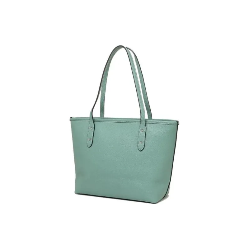 COACH City Zip Tote Solid Color Leather Tote Bag, Shopping Bag, Handbag, Shoulder Bag Mini Women's Silver & Aquamarine-3