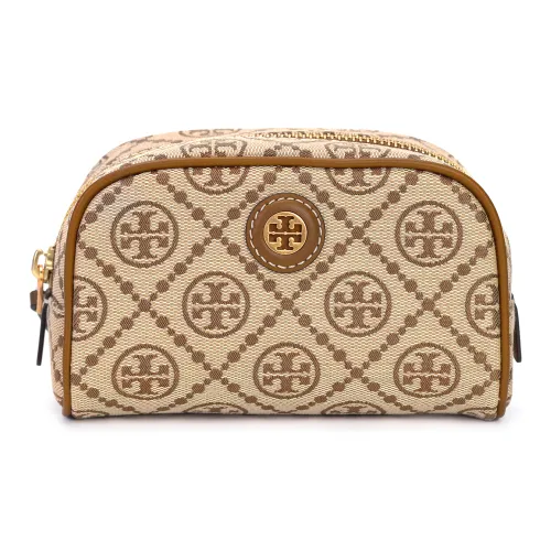 TORY BURCH T Monogram Jacquard Leather Toiletry Bag Makeup Bag Mini Women's Hazelnut Brown