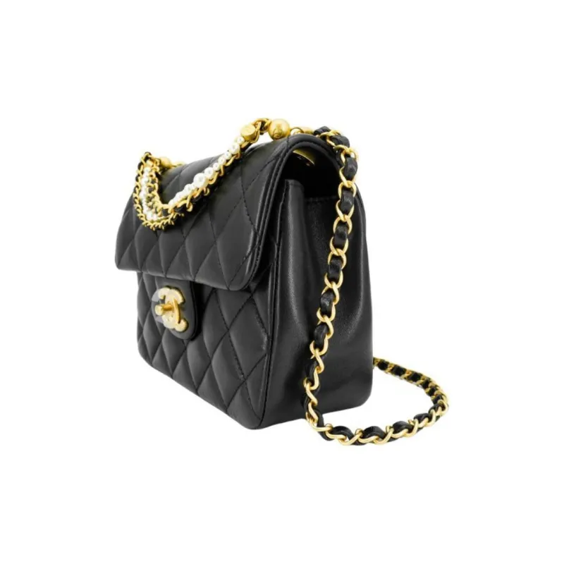 CHANEL Pearlescent Lambskin Flap Bag, Crossbody Bag, Shoulder Bag Mini Women's Black-1
