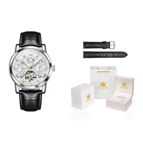 OLEVS Play The Cool Series Automatic Mechanical Movement Leather Strap Watch Men's Watches White Dial