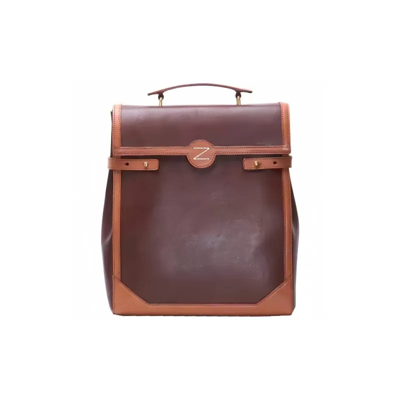 NOMK Cow Leather Genuine Top Grain Vegetable Tanned Leather Laptop Backpack Regular Unisex Morandi Gray/Dark Brown-0
