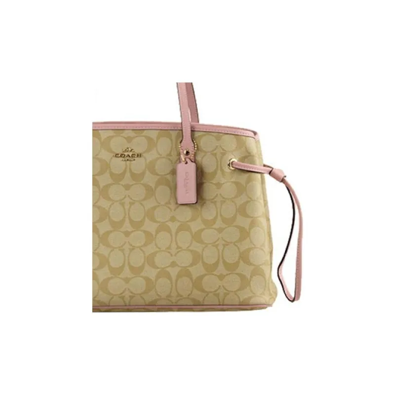 COACH Drawstring Canvas Leather Handbag Shoulder Bag Large Size Women's Light Khaki & Cherry Blossom Pink-1