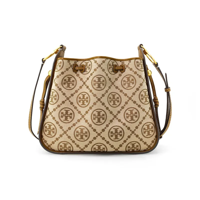 TORY BURCH T Monogram Jacquard With Leather Cloche Bag, Shoulder Bag, Crossbody Bag Medium Size Women's Hazelnuts Brown-2