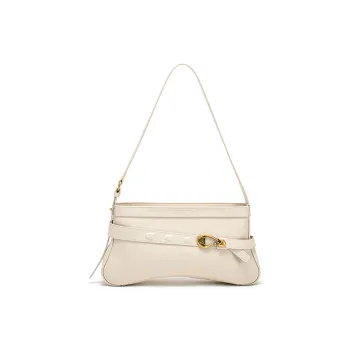 Simedin Cowhide Split Leather Baguette Bag Shoulder Bag Medium Size Women's Milk White/Deep Black