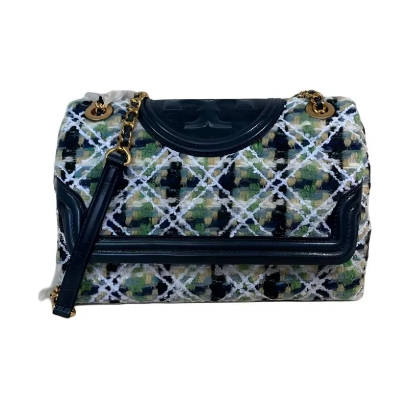 TORY BURCH Fleming Tweed Patchwork Crossbody Handbag Shoulder Bag Small Size Women's Color Blue-3