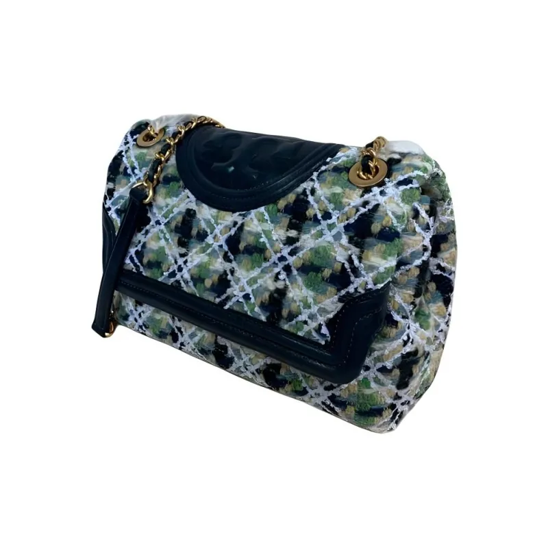 TORY BURCH Fleming Tweed Patchwork Crossbody Handbag Shoulder Bag Small Size Women's Color Blue-4