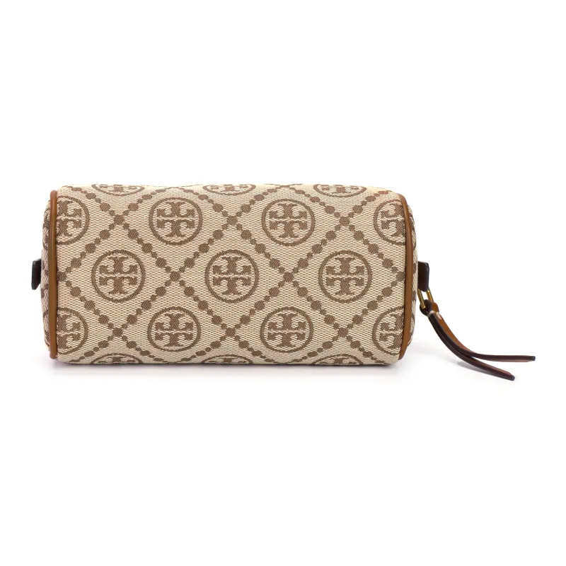 TORY BURCH T Monogram Jacquard Leather Toiletry Bag, Makeup Bag Mini Women's Hazelnuts Brown-3