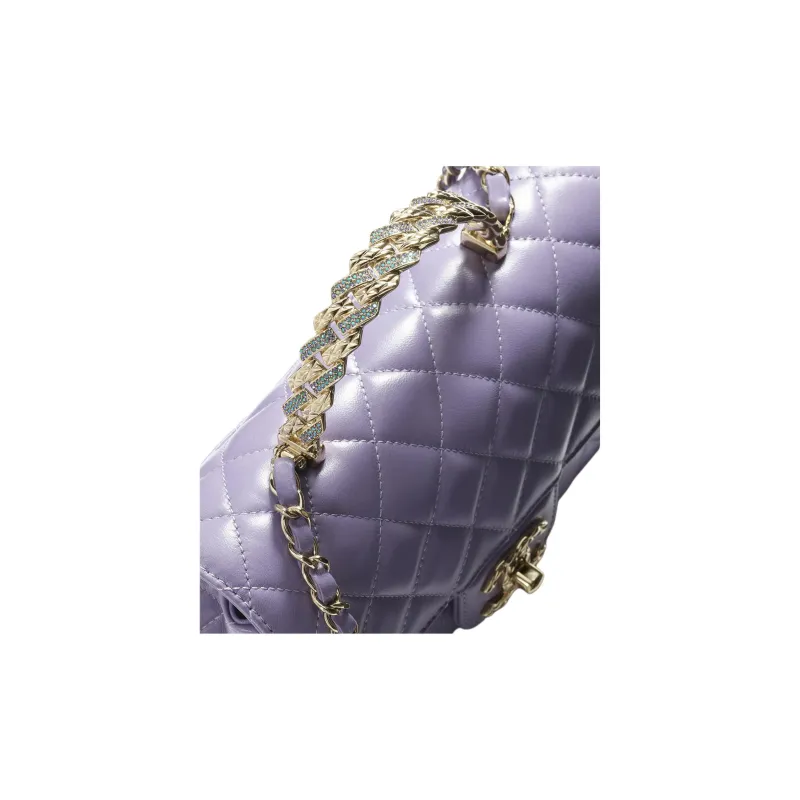 CHANEL Plaid Shiny Lambskin & Rhinestone Metal Controller Shoulder Bag, Crossbody Bag, Handbag Mini Women's Taro Purple-3
