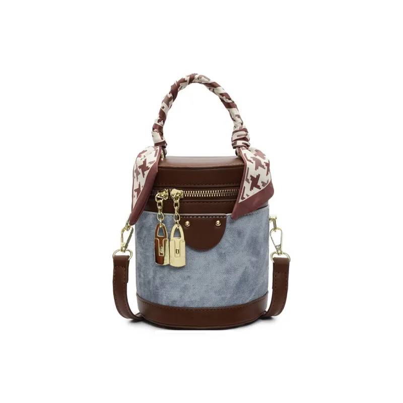 PINK·LAND PU Bucket Bag Crossbody Handbag Regular Women's Dark Tea/Ecru/Blue-15