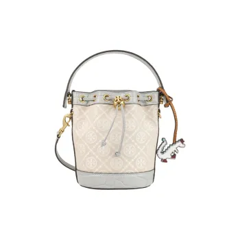 TORY BURCH Jacquard With Leather Bucket Bags Shoulder Bag Crossbody Bag Handbag Mini Women's Mist Gray