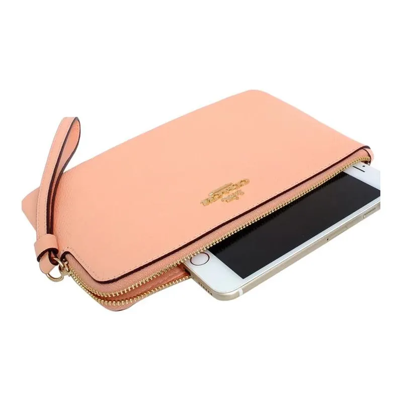 COACH Corner Zip Cross Grain Leather Clutch Wrist Bag Trumpets Women's Nude Pink-4
