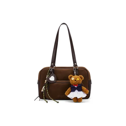 MCMIKO Cow Leather Boston Bag Bowling Bag Shoulder Bag Medium Size Women's Mismatched Brown