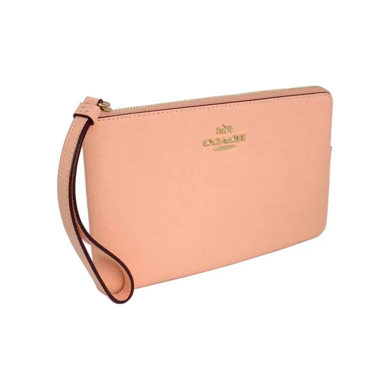 COACH Corner Zip Cross Grain Leather Clutch Wrist Bag Trumpets Women's Nude Pink-1