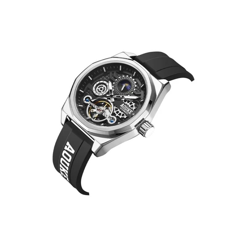 AOUKE Black Tech Collection Mechanical Movement Silicone Strap Watch Unisex Black Dial-3