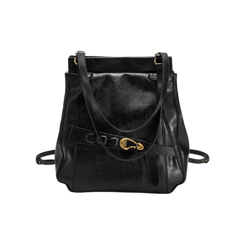 Simedin Cowhide Split Leather Backpack Shoulder Bag Large Size Women's Black-4