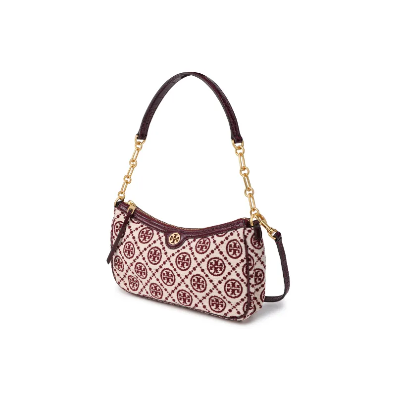 TORY BURCH T Monogram Chenille Studio Shoulder Bag Claret/New Cream-1