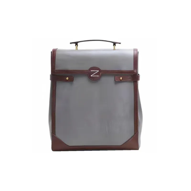 NOMK Cow Leather Genuine Top Grain Vegetable Tanned Leather Laptop Backpack Regular Unisex Morandi Gray/Dark Brown-3