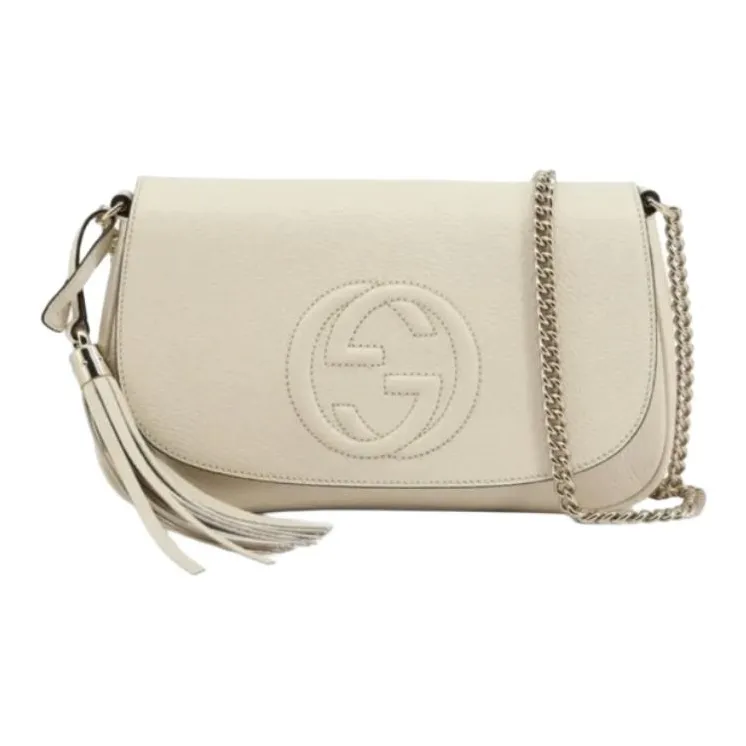 GUCCI Soho Leather Chain Shoulder Bag, Crossbody Bag Women's White-1