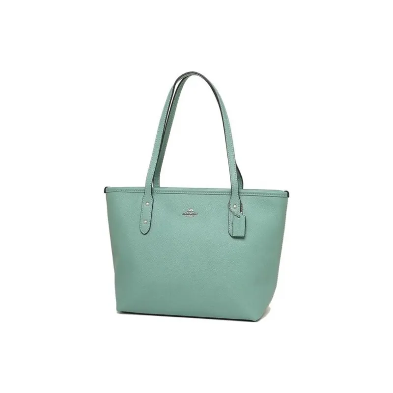 COACH City Zip Tote Solid Color Leather Tote Bag, Shopping Bag, Handbag, Shoulder Bag Mini Women's Silver & Aquamarine-2