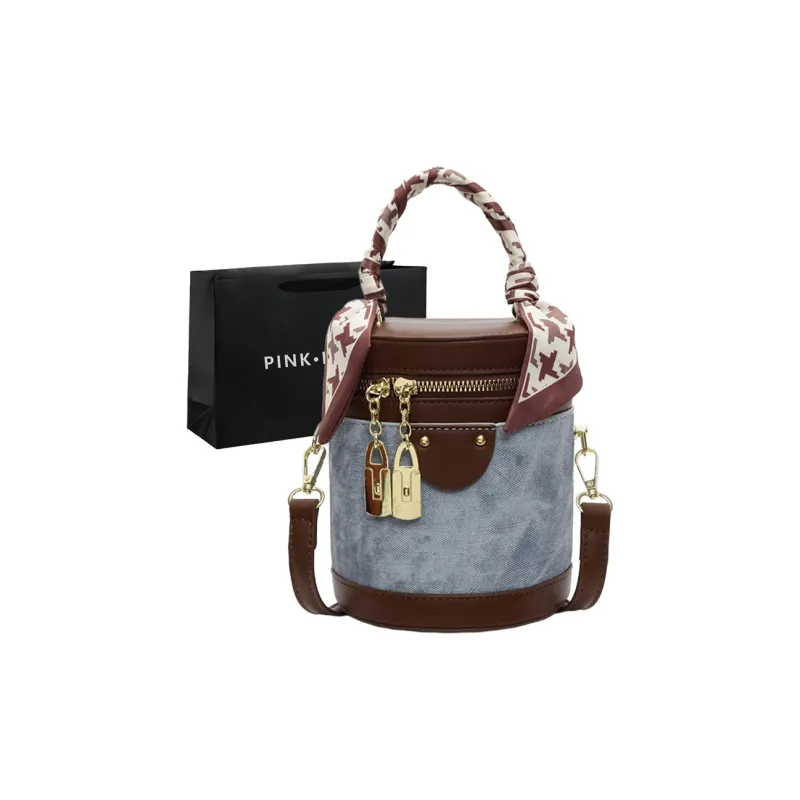 PINK·LAND PU Bucket Bag Crossbody Handbag Regular Women's Dark Tea/Ecru/Blue-14