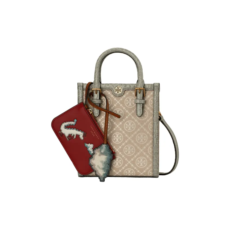 TORY BURCH T Monogram Fabric Cow Leather Patchwork Shoulder Bag Crossbody Bag Handbag Mini Women's Mist Gray-1