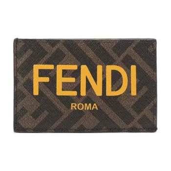 FENDI Coated Fabric With Leather Card Clip Card Holder Men's Brown