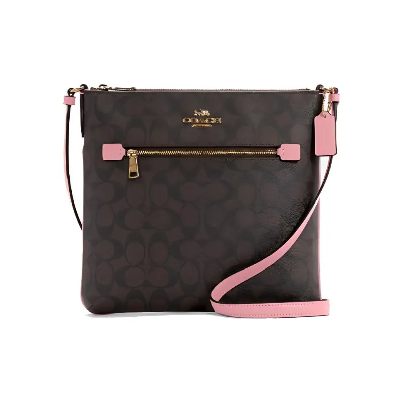 COACH Rowan Canvas With Leather Document Bag Crossbody Bag Shoulder Bag Medium Size Women's Brown/Shell Pink-0